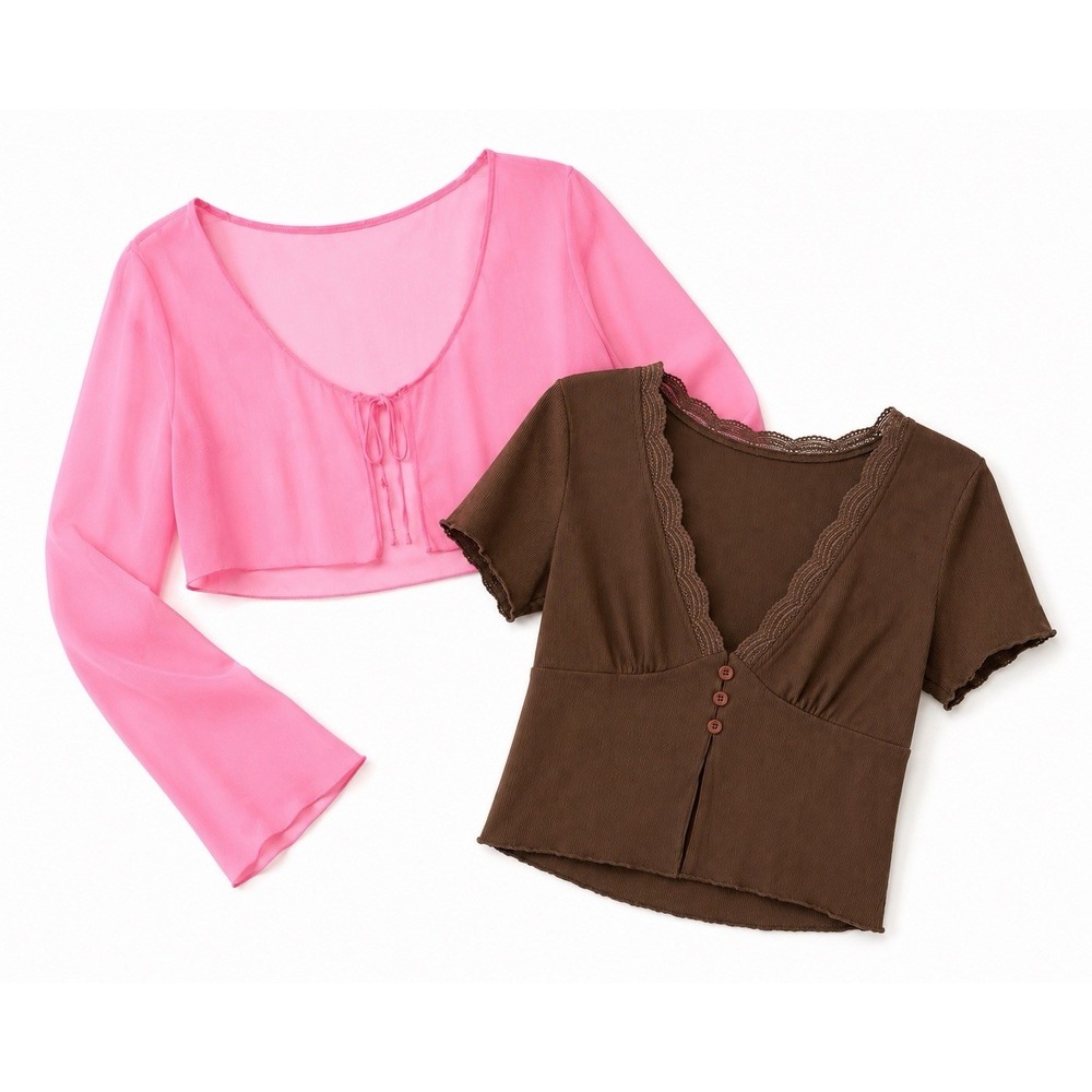 Womens Set 2 Crop Tops M Pink Sheer Tie Front Brown Ribbed Lace V Neck Bundle